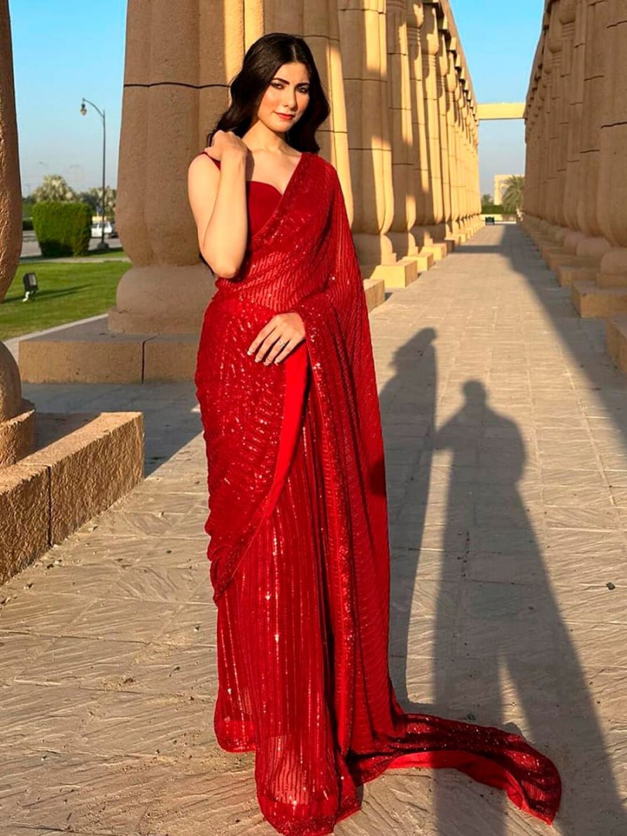 Women Sangria Sarees | Buy Sangria Red Embellished Pure Georgette Saree - Apparel For Women