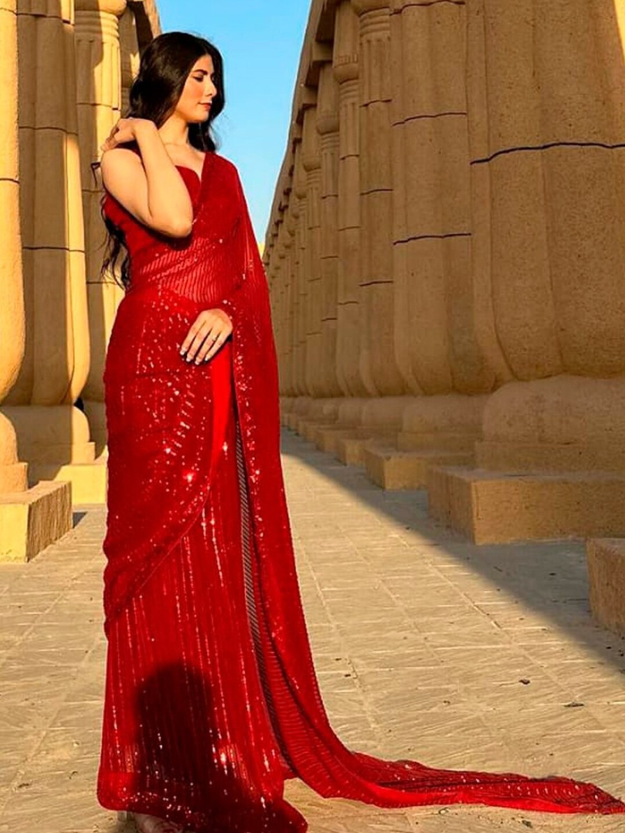 Women Sangria Sarees | Buy Sangria Red Embellished Pure Georgette Saree - Apparel For Women