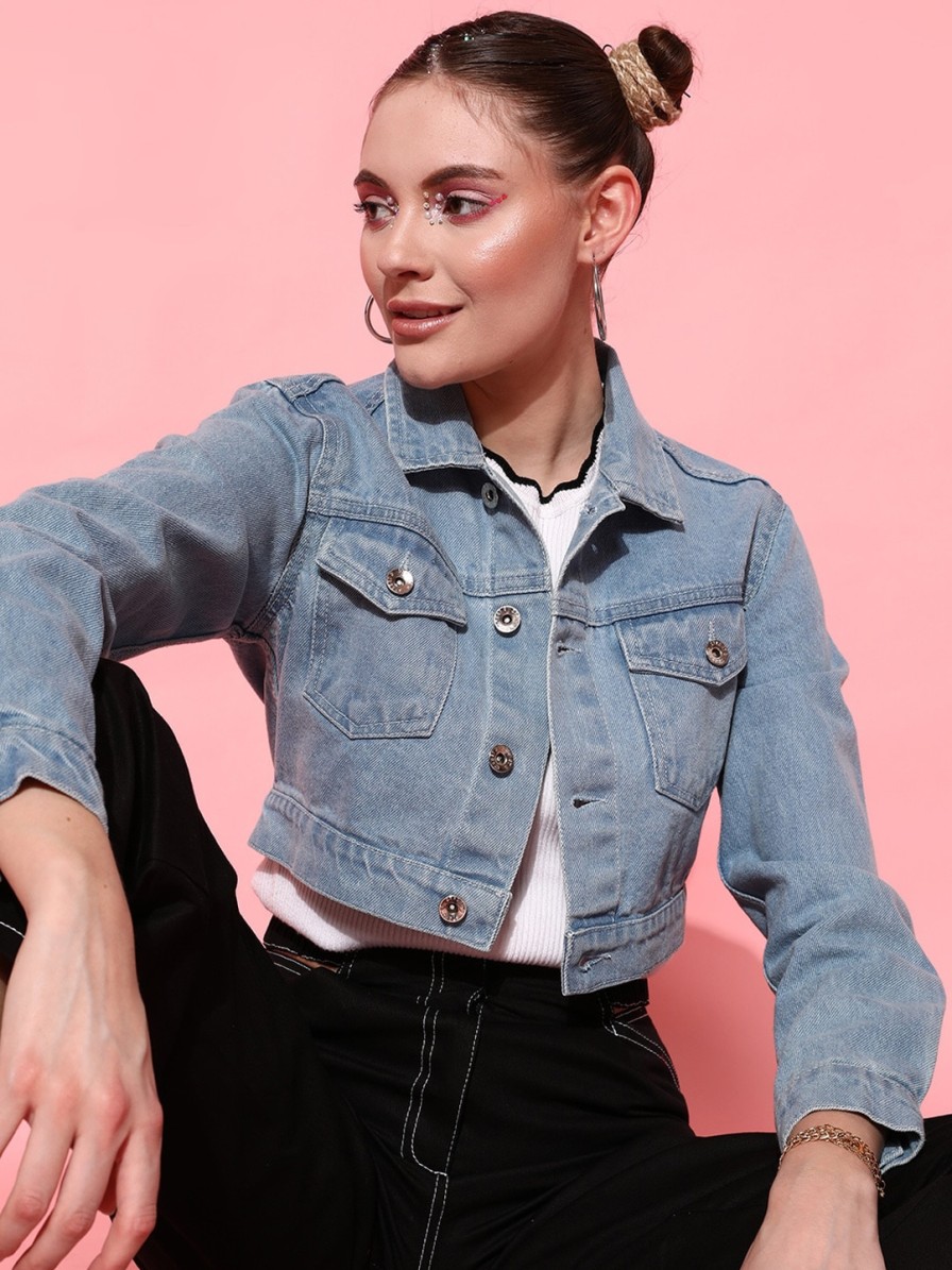 Women STREET 9 Jackets | Buy Street 9 Women Blue Washed Crop Denim Jacket - Apparel For Women