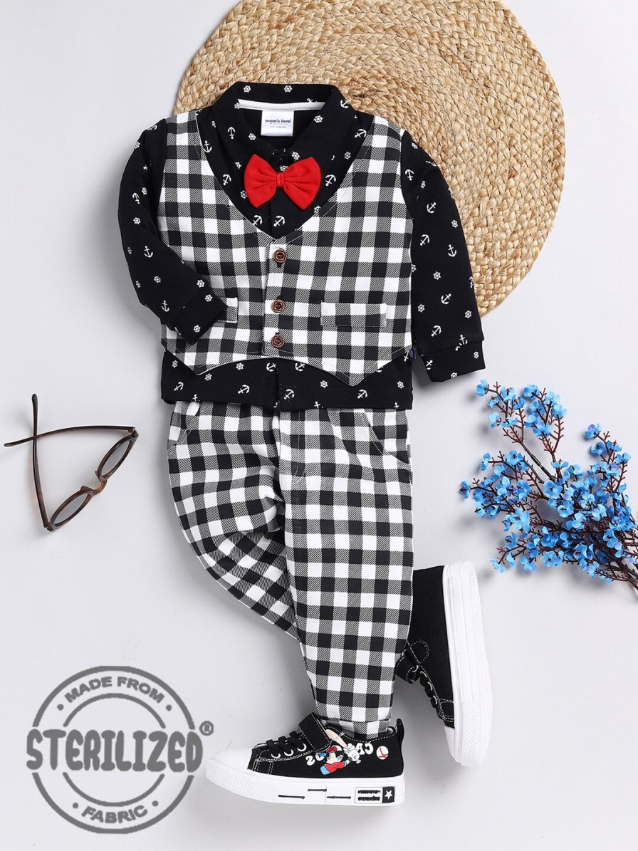 Kids Moms Love Party Wear | Buy Moms Love Infant Boys Checked Pure Cotton Shirt With Trousers & Waistcoat - Apparel For Boys