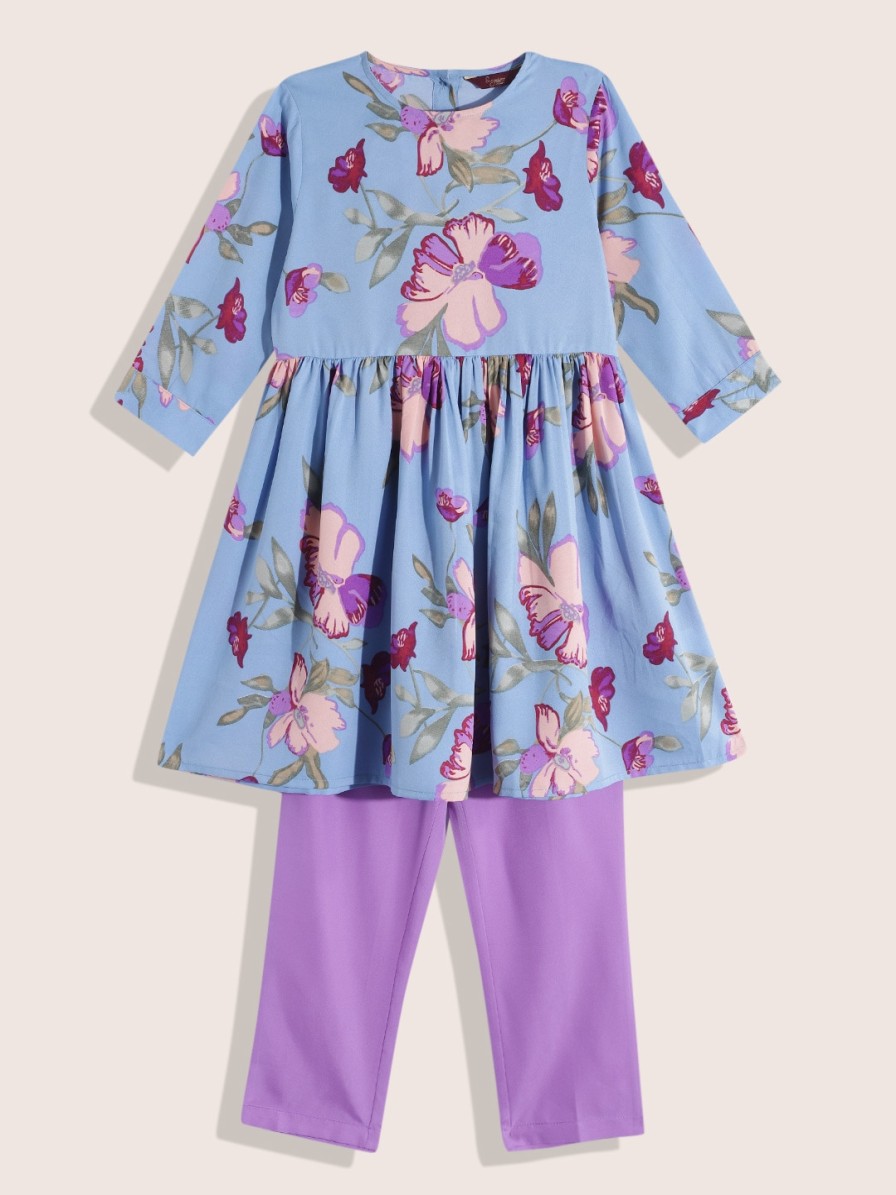 Kids Sangria Kurta Sets | Buy Sangria Girls Floral Printed Flared A Line Kurta With Trousers - Apparel For Girls