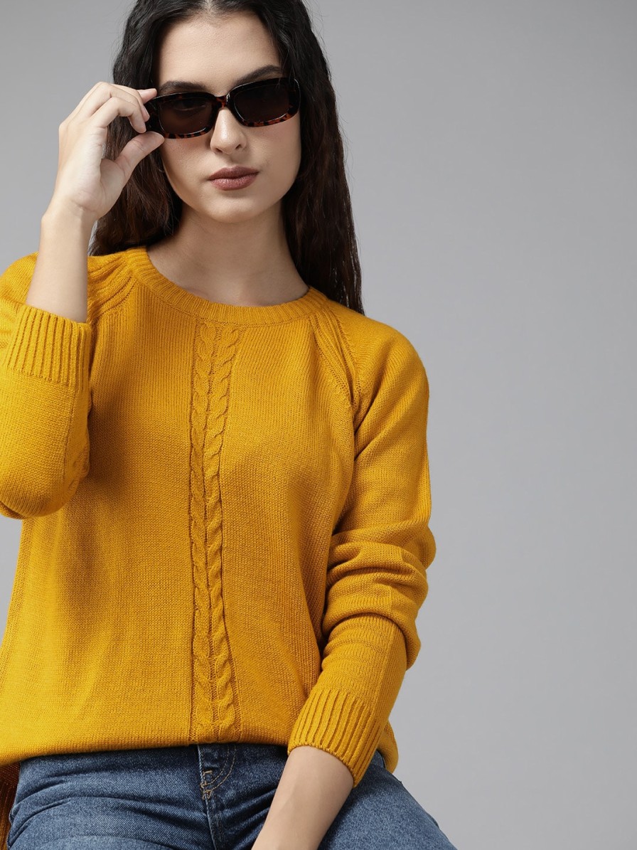 Women Roadster Sweaters & Sweatshirts | Buy Roadster Women Mustard Yellow Cable Knit Pullover - Apparel For Women