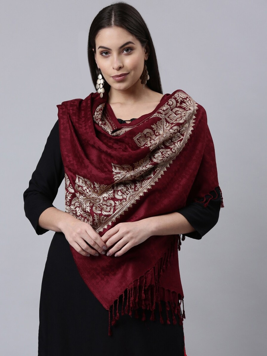 Women Pashmoda Dupattas & Shawls | Buy Pashmoda Women Maroon Tasselled Embroidered Shawl - Apparel For Women