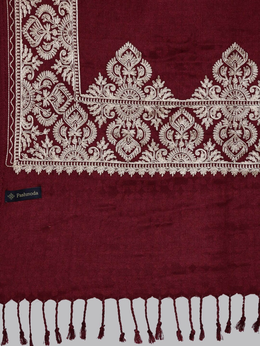 Women Pashmoda Dupattas & Shawls | Buy Pashmoda Women Maroon Tasselled Embroidered Shawl - Apparel For Women