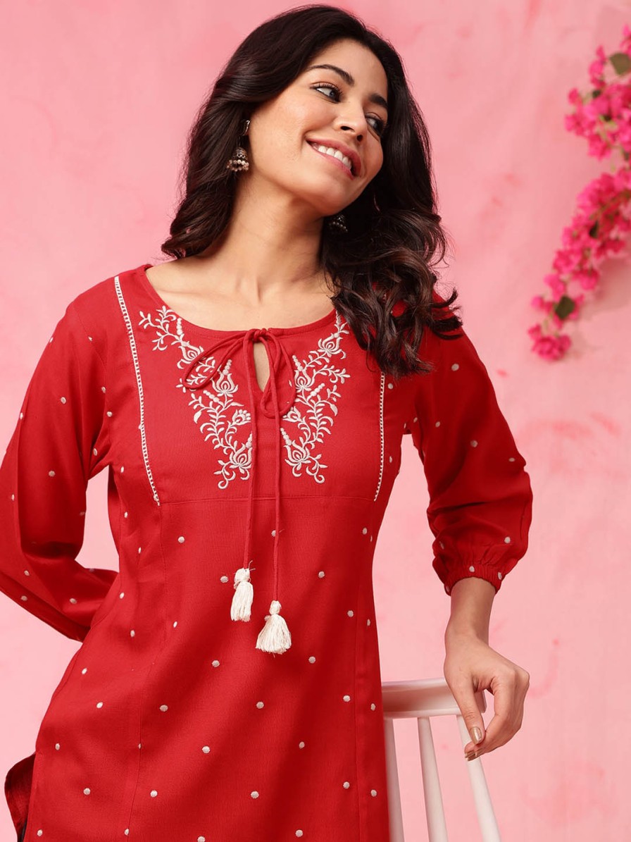 Women Anouk Kurtis, Tunics & Tops | Buy Anouk Floral Embroidered Tie Up Neck Straight Kurti - Apparel For Women