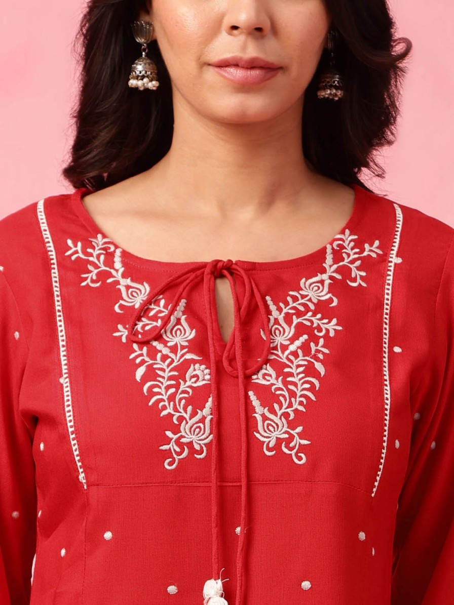 Women Anouk Kurtis, Tunics & Tops | Buy Anouk Floral Embroidered Tie Up Neck Straight Kurti - Apparel For Women