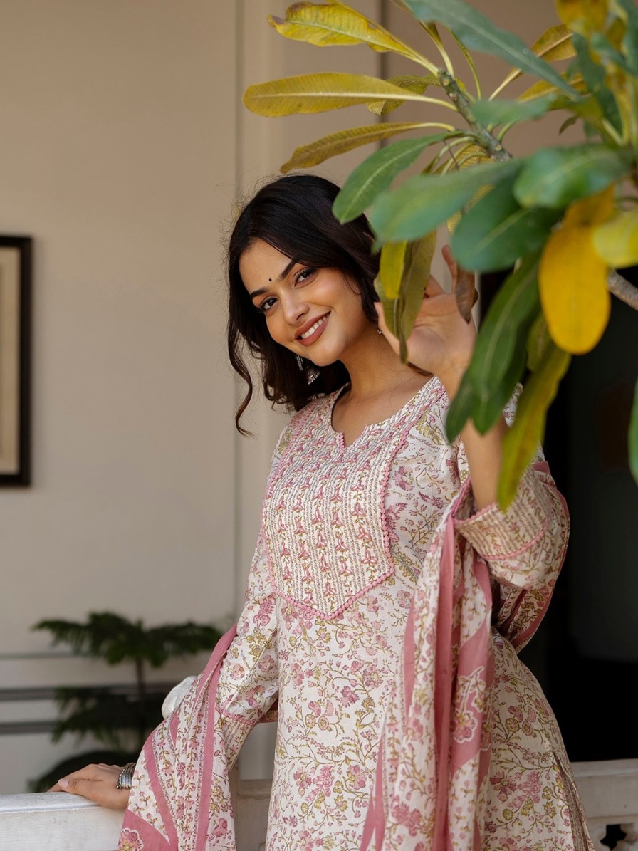 Women Anouk Kurtas & Suits | Buy Anouk White Floral Printed Straight Pure Cotton Kurta With Palazzos & Dupatta - Apparel For Women