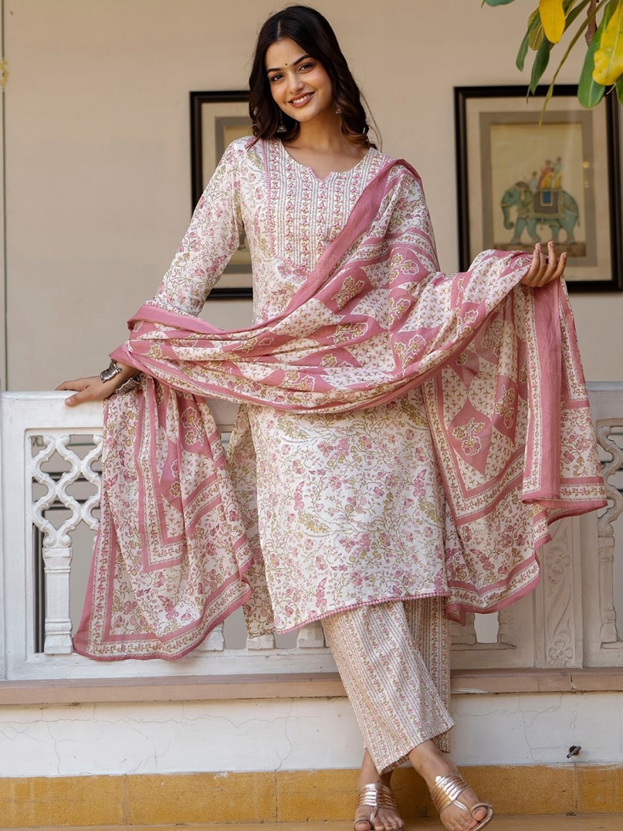 Women Anouk Kurtas & Suits | Buy Anouk White Floral Printed Straight Pure Cotton Kurta With Palazzos & Dupatta - Apparel For Women