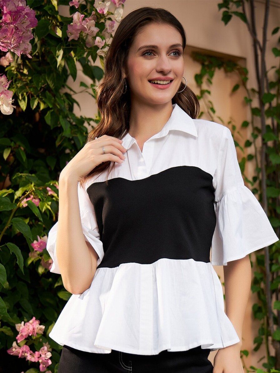 Women Athena Tops | Buy Athena White & Black Colourblocked Pure Cotton Peplum Top - Apparel For Women