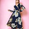 Women Ahalyaa Kurtas & Suits | Buy Ahalyaa Navy Blue Floral Printed Gotta Patti Angrakha A Line Kurta With Palazzo - Apparel For Women