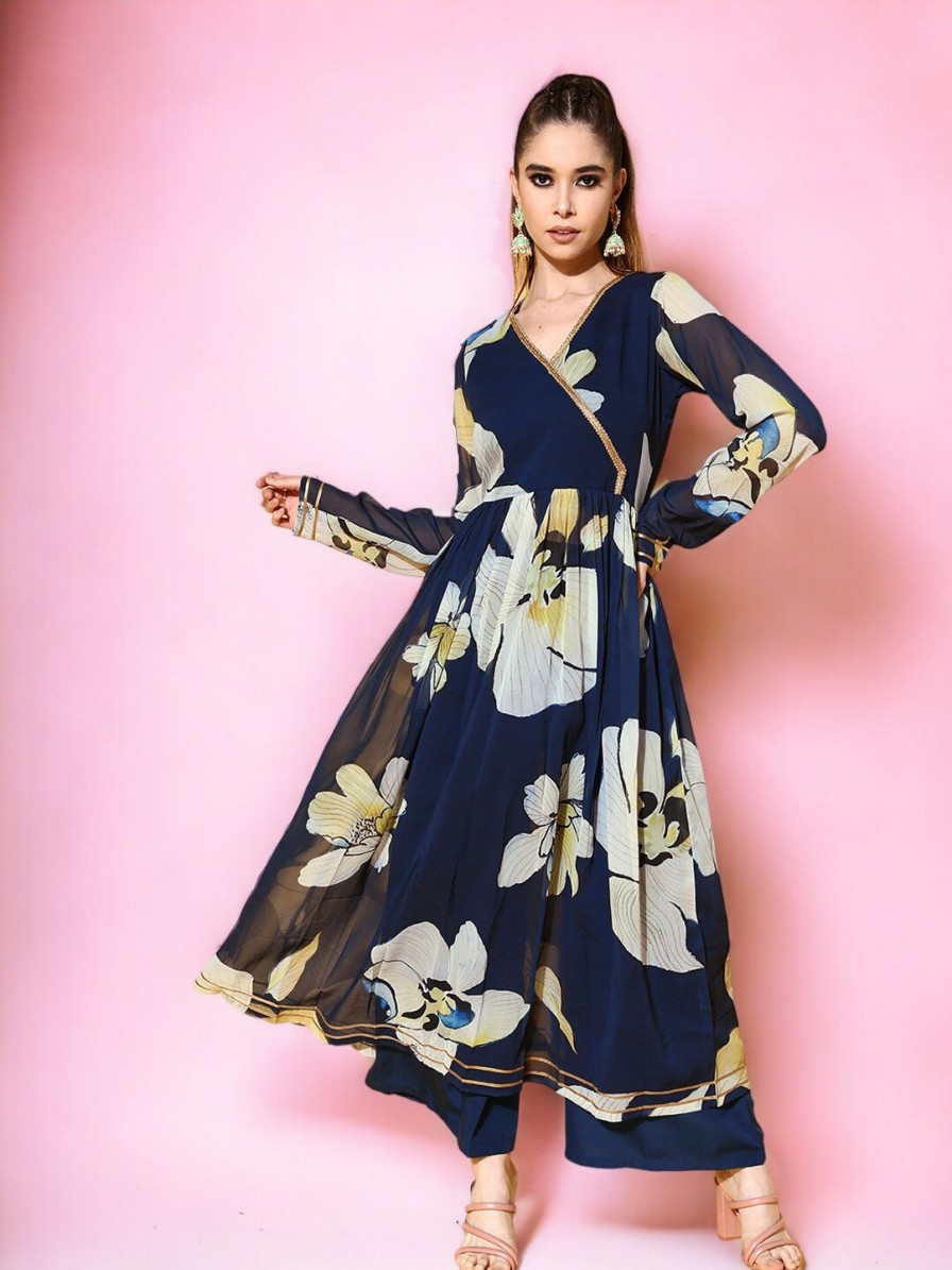 Women Ahalyaa Kurtas & Suits | Buy Ahalyaa Navy Blue Floral Printed Gotta Patti Angrakha A Line Kurta With Palazzo - Apparel For Women