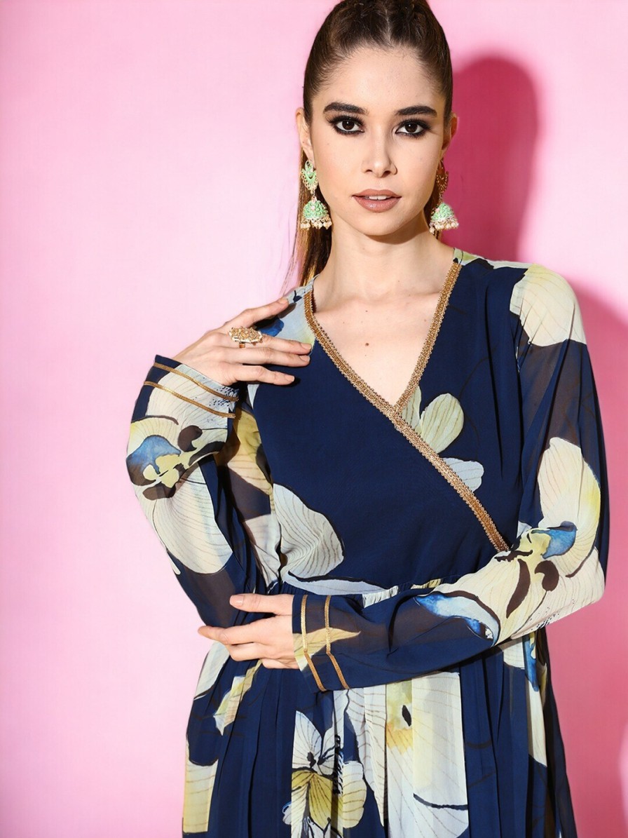 Women Ahalyaa Kurtas & Suits | Buy Ahalyaa Navy Blue Floral Printed Gotta Patti Angrakha A Line Kurta With Palazzo - Apparel For Women