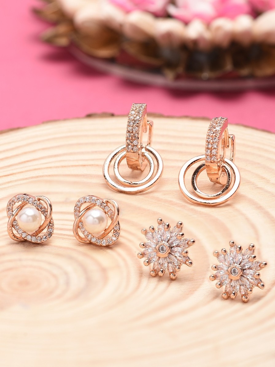 Women Zaveri Pearls Earrings | Buy Zaveri Pearls Rose Gold Plated Set Of 3 Contemporary Studs Earrings - Accessories For Women