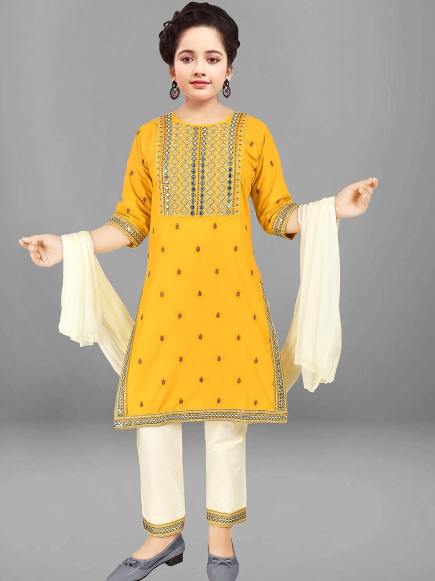 Kids BAESD Kurta Sets | Buy Baesd Girls Embroidered Regular Thread Work Pure Cotton Kurta With Trousers & Dupatta - Apparel For Girls