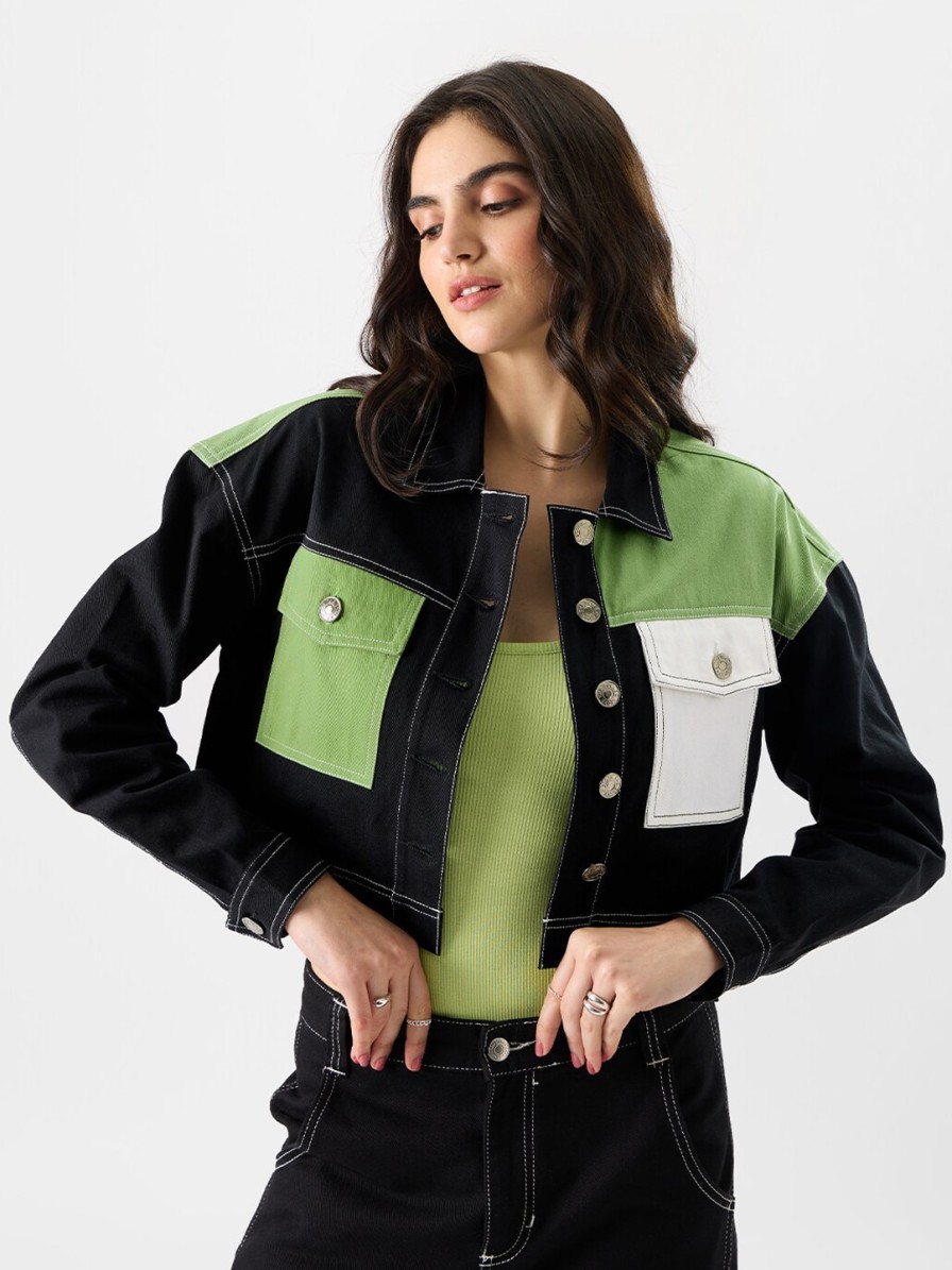 Women The Souled Store Jackets | Buy The Souled Store Black Colourblocked Spread Collar Lightweight Cotton Crop Denim Jacket - Apparel For Women