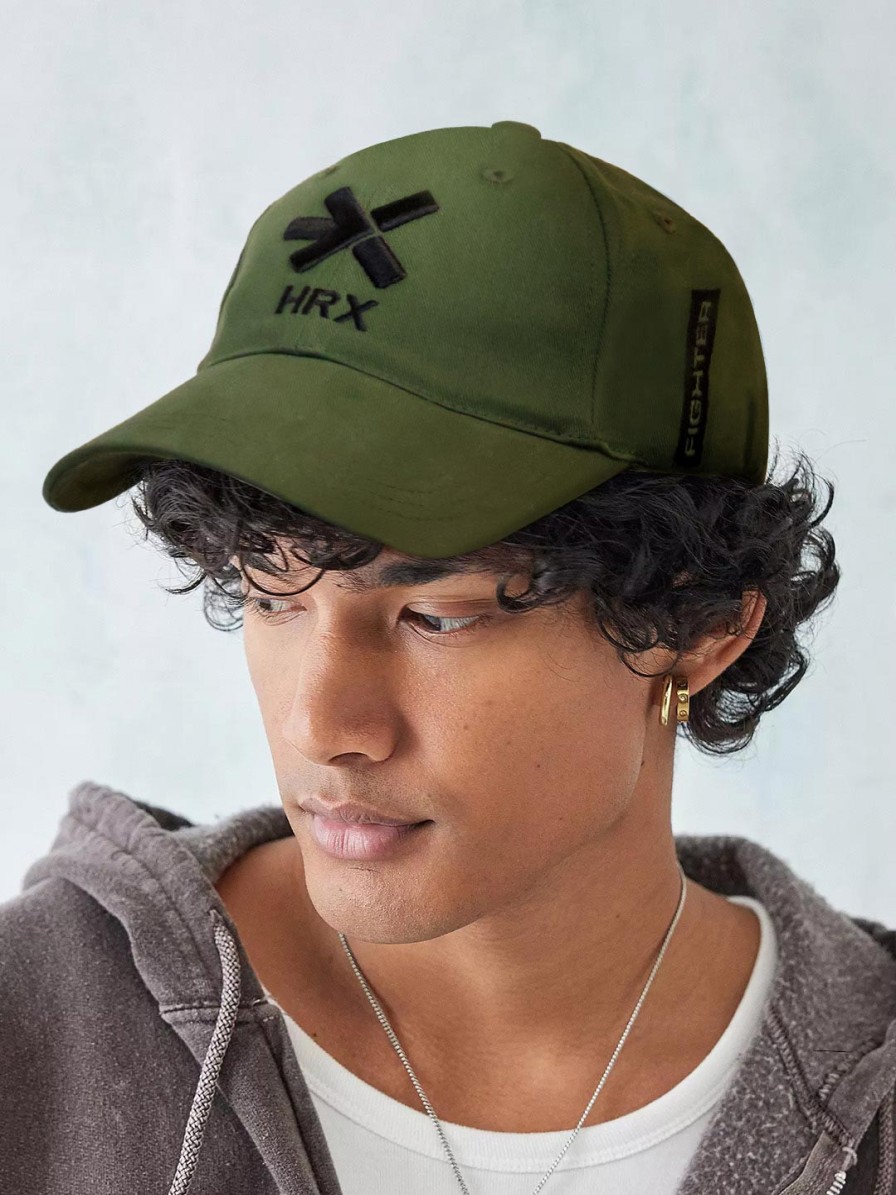 Men HRX by Hrithik Roshan Caps & Hats | Buy Hrx By Hrithik Roshan Olive Green Embroidered Cotton Visor Cap - Accessories For Unisex