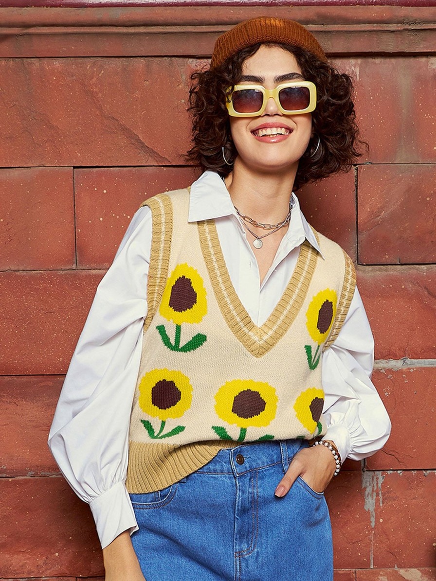 Women SASSAFRAS Sweaters & Sweatshirts | Buy Sassafras Beige & Yellow Floral Printed Woollen Sweater Vest - Apparel For Women