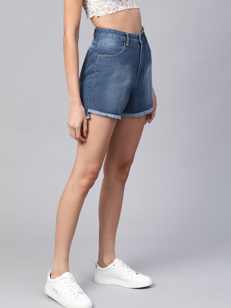 Women SASSAFRAS Shorts & Skirts | Buy Sassafras Women Blue Washed High Rise Denim Shorts - Apparel For Women