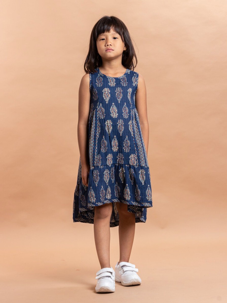 Kids Sangria Dresses | Buy Sangria Girls Navy Blue & White Ethnic Motifs Printed Pure Cotton A Line Dress - Apparel For Girls