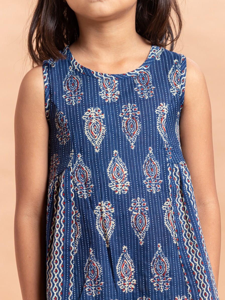 Kids Sangria Dresses | Buy Sangria Girls Navy Blue & White Ethnic Motifs Printed Pure Cotton A Line Dress - Apparel For Girls