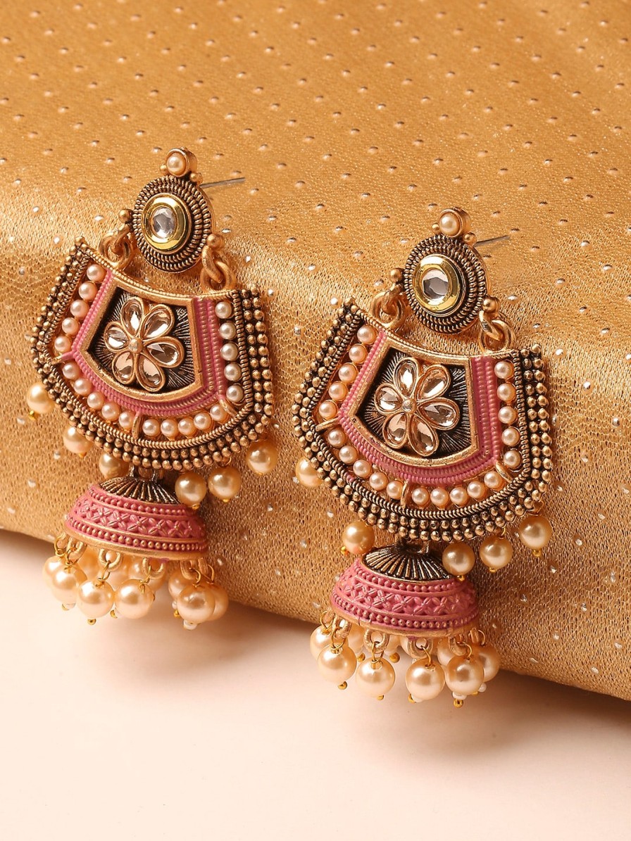 Women OOMPH Earrings | Buy Oomph Pink Meenakari Kundan & Pearl Floral Ethnic Drop Jhumka Earrings - Accessories For Women