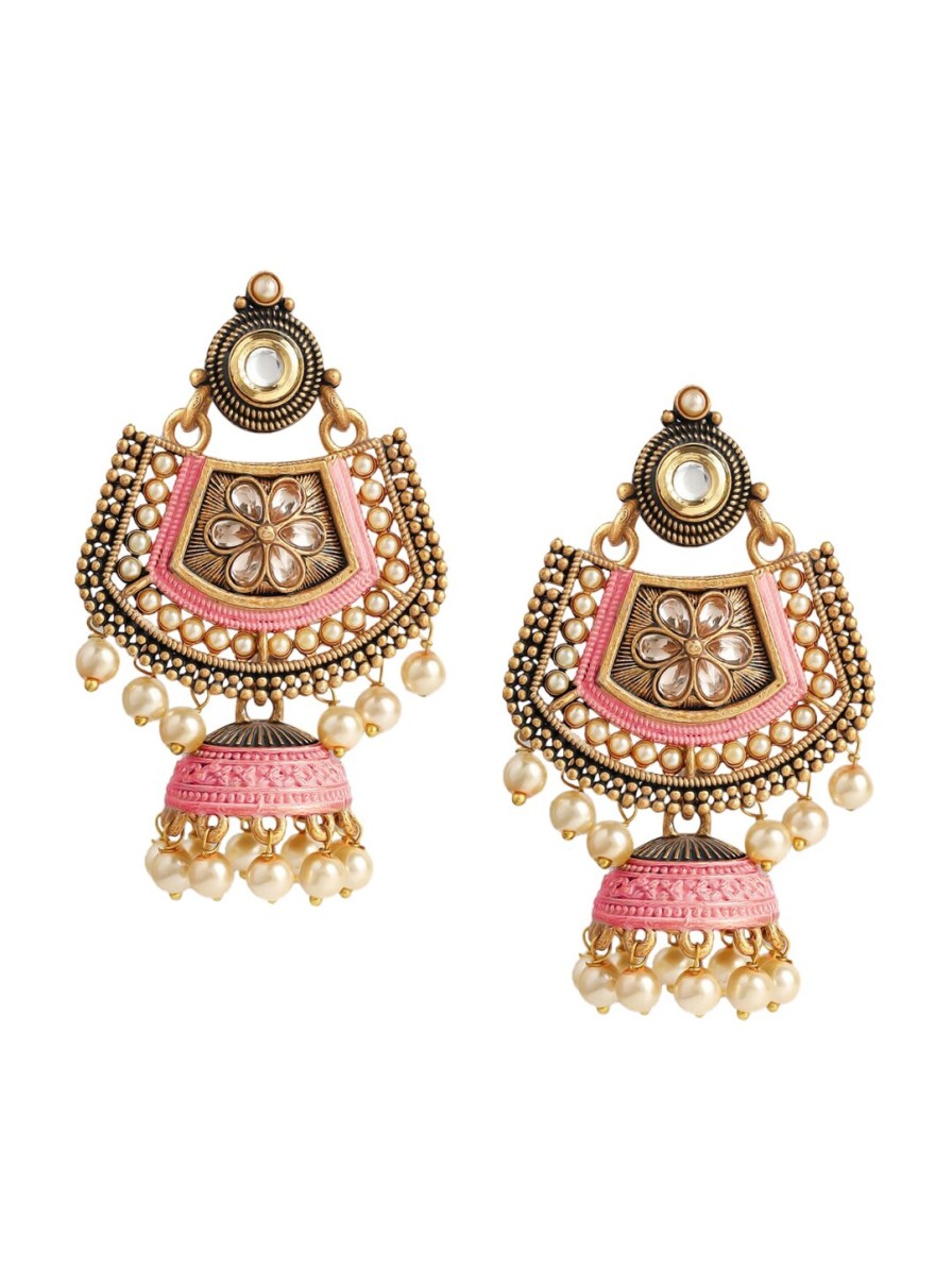 Women OOMPH Earrings | Buy Oomph Pink Meenakari Kundan & Pearl Floral Ethnic Drop Jhumka Earrings - Accessories For Women