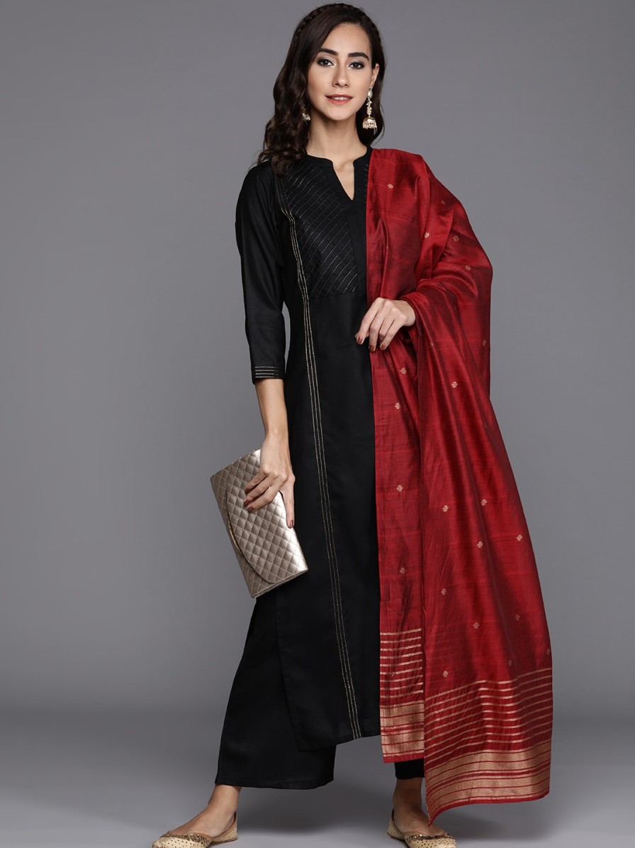 Women Libas Ethnic Wear | Buy Libas Women Black Pure Cotton Yoke Design Panelled Kurta With Palazzos & Dupatta - Apparel For Women