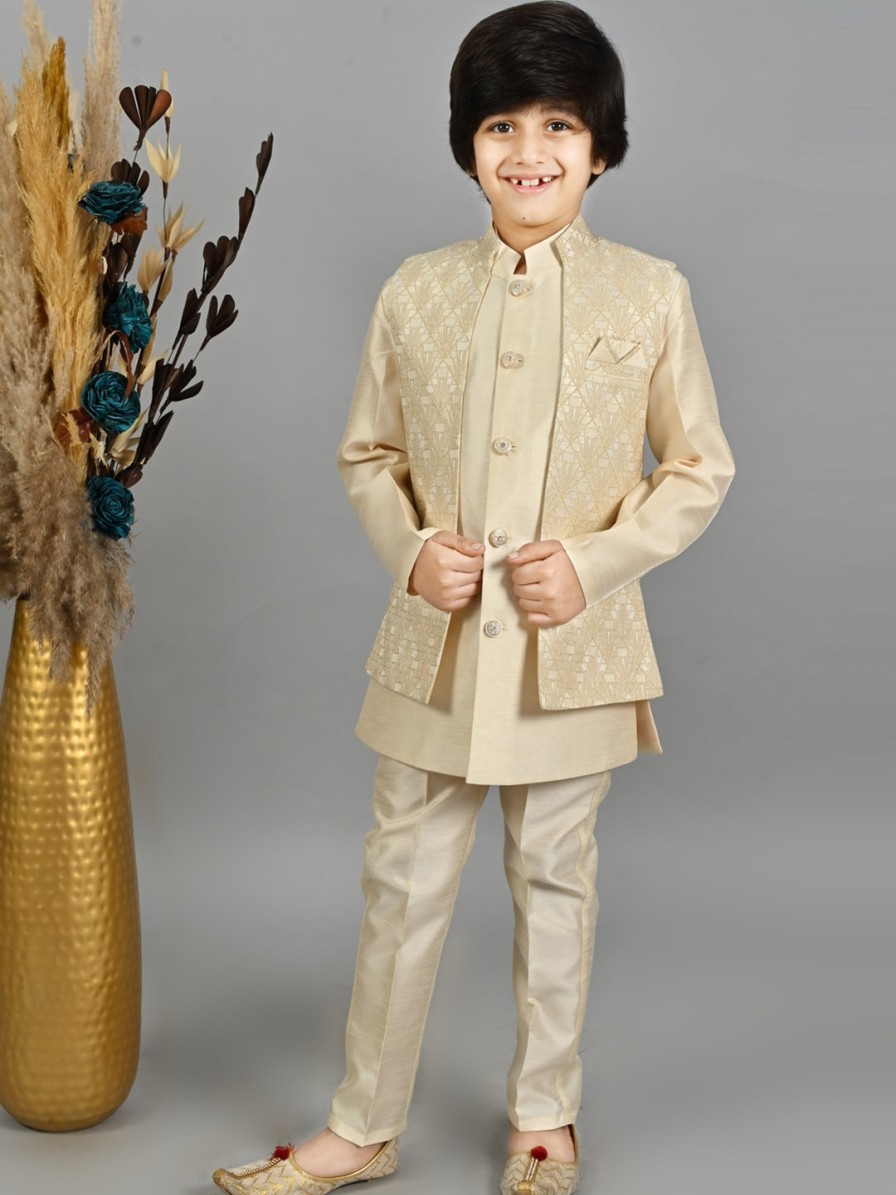 Kids ahhaaaa Ethnic Wear | Buy Ahhaaaa Boys Ethnic Motifs Embroidered Regular Kurta With Trousers & Nehru Jacket - Apparel For Boys