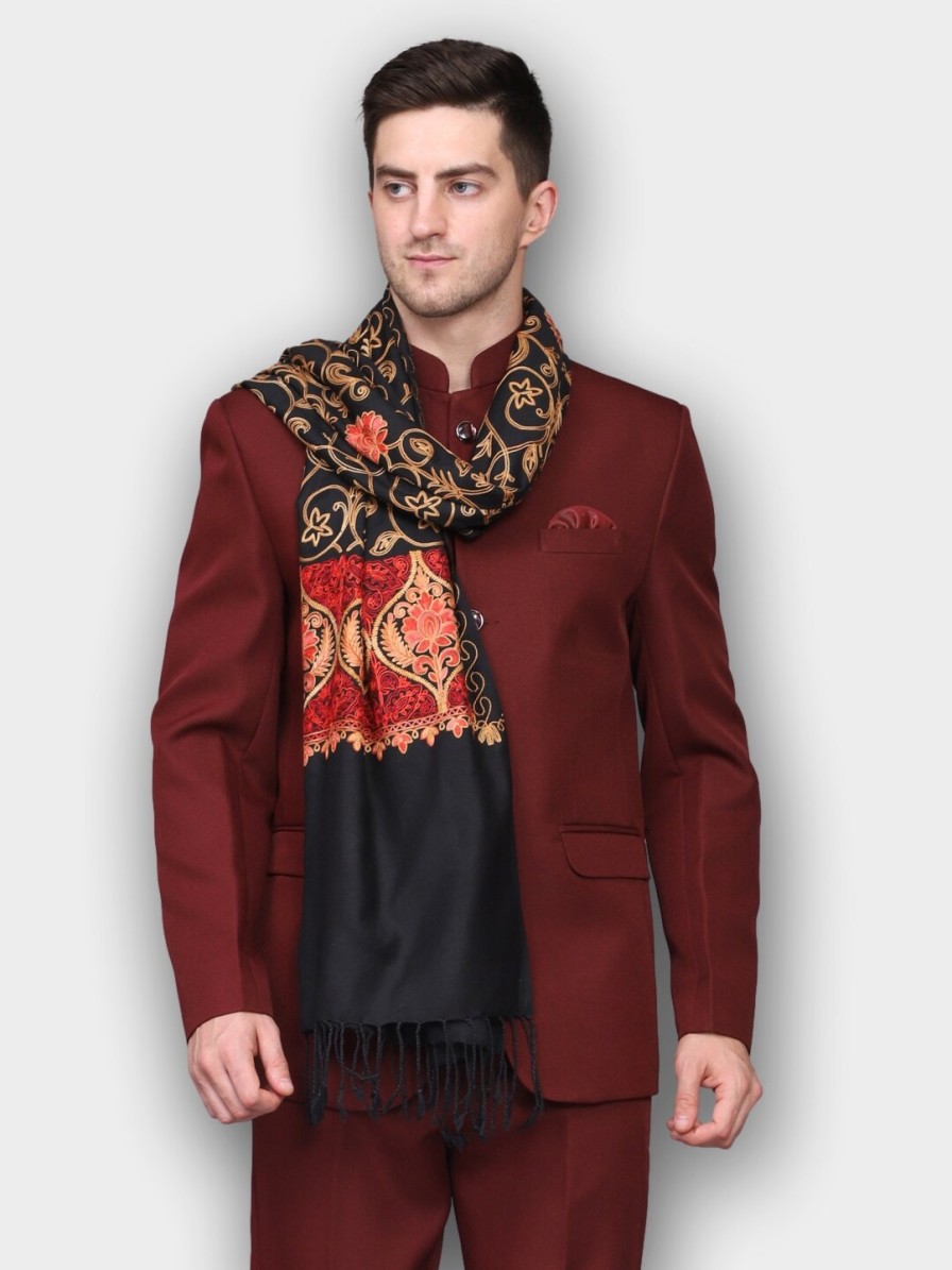 Men WEAVERS VILLA Mufflers, Scarves & Gloves | Buy Weavers Villa Men Black & Red Embroidered Stole - Accessories For Men