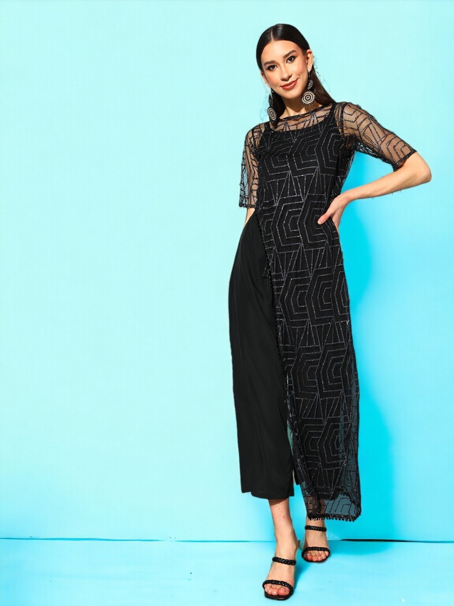 Women Ahalyaa Jumpsuits | Buy Ahalyaa Black Self Design Basic Jumpsuit - Apparel For Women