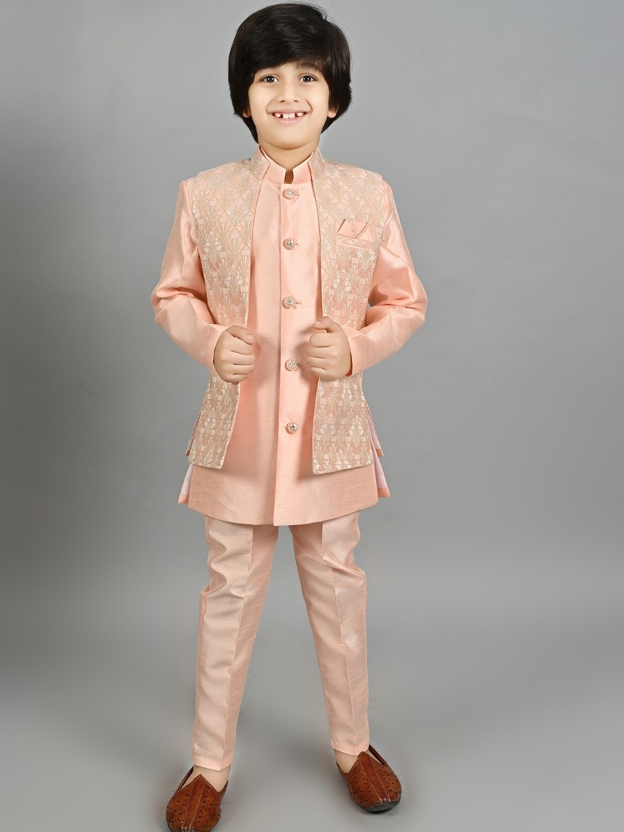 Kids ahhaaaa Ethnic Wear | Buy Ahhaaaa Boys Ethnic Motifs Embroidered Regular Kurta With Trousers & Nehru Jacket - Apparel For Boys