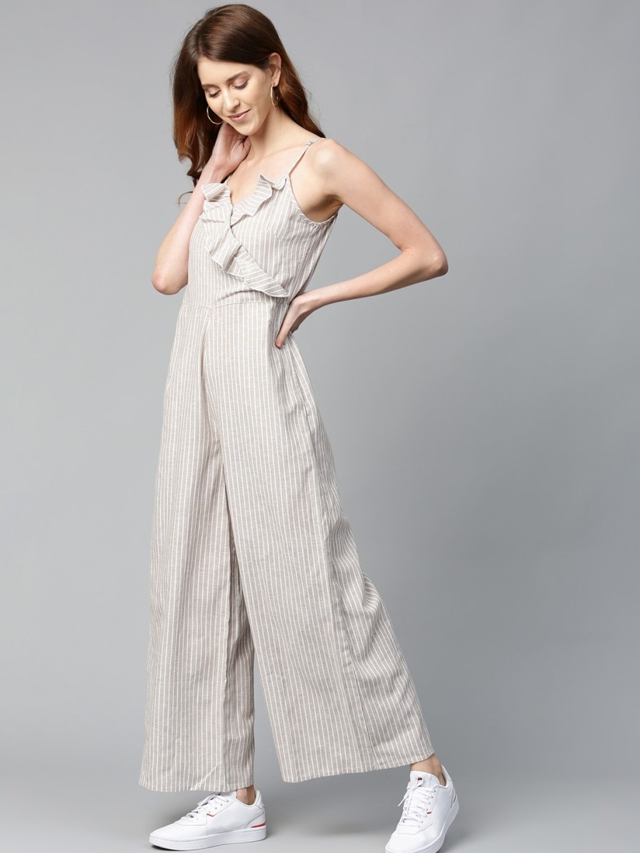 Women Mast & Harbour Jumpsuits | Buy Mast & Harbour Women Taupe & White Striped Basic Jumpsuit - Apparel For Women