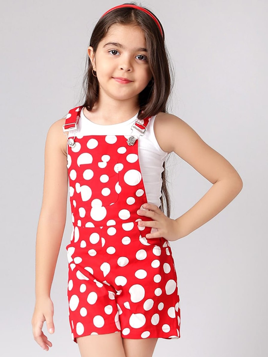 Kids Naughty Ninos Dungarees & Jumpsuits | Buy Naughty Ninos Girls Red & White Printed Pure Cotton Dungaree - Apparel For Girls