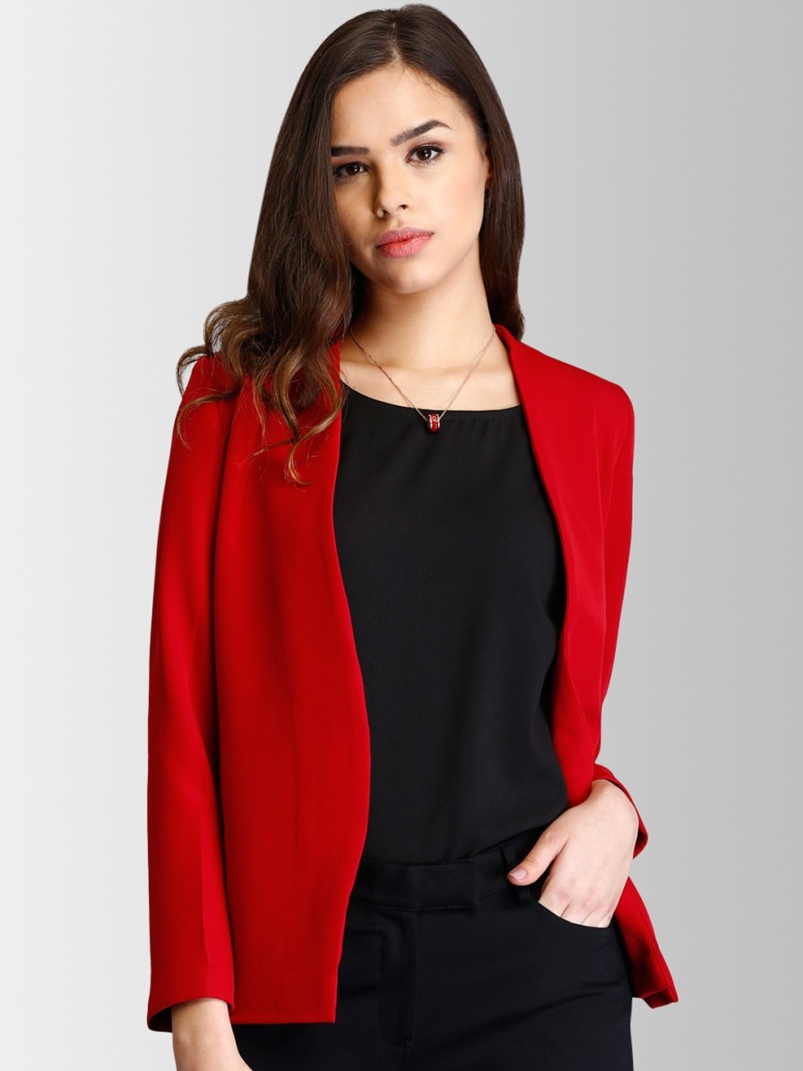 Women FableStreet Blazers & Waistcoats | Buy Fablestreet Women Red Solid Open Front Blazer - Apparel For Women