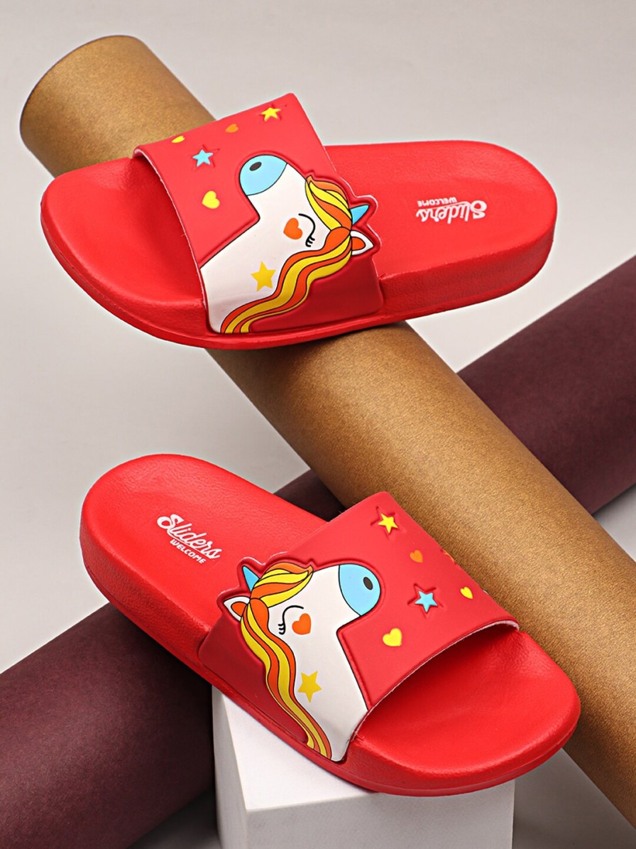 Kids WELCOME Flipflops | Buy Welcome Kids Red & White Unicorn Printed Sliders - Footwear For Unisex Kids