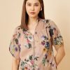 Women RARE Tops | Buy Rare Beige Floral Print Petal Sleeves Shirt Style Top - Apparel For Women