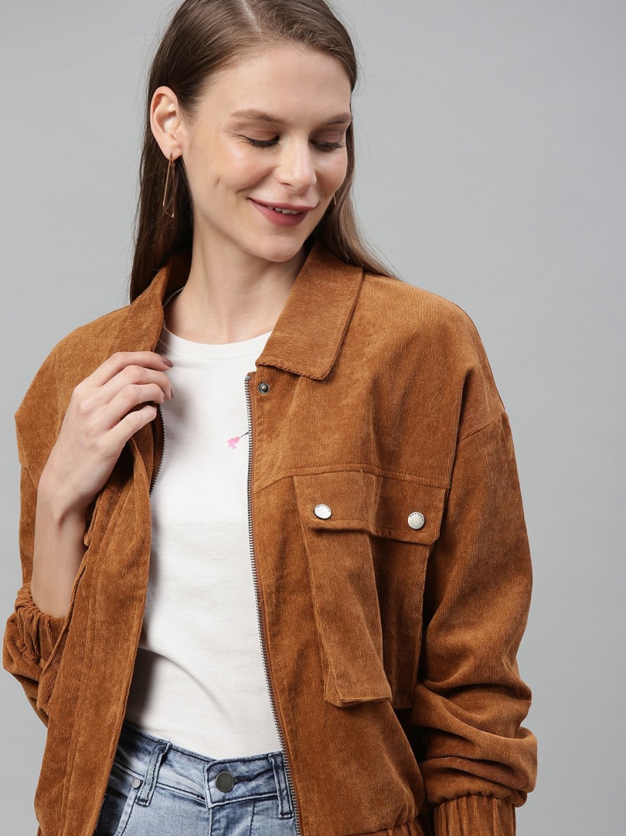 Women Mast & Harbour Jackets | Buy Mast & Harbour Women Brown Self Design Bomber Jacket - Apparel For Women