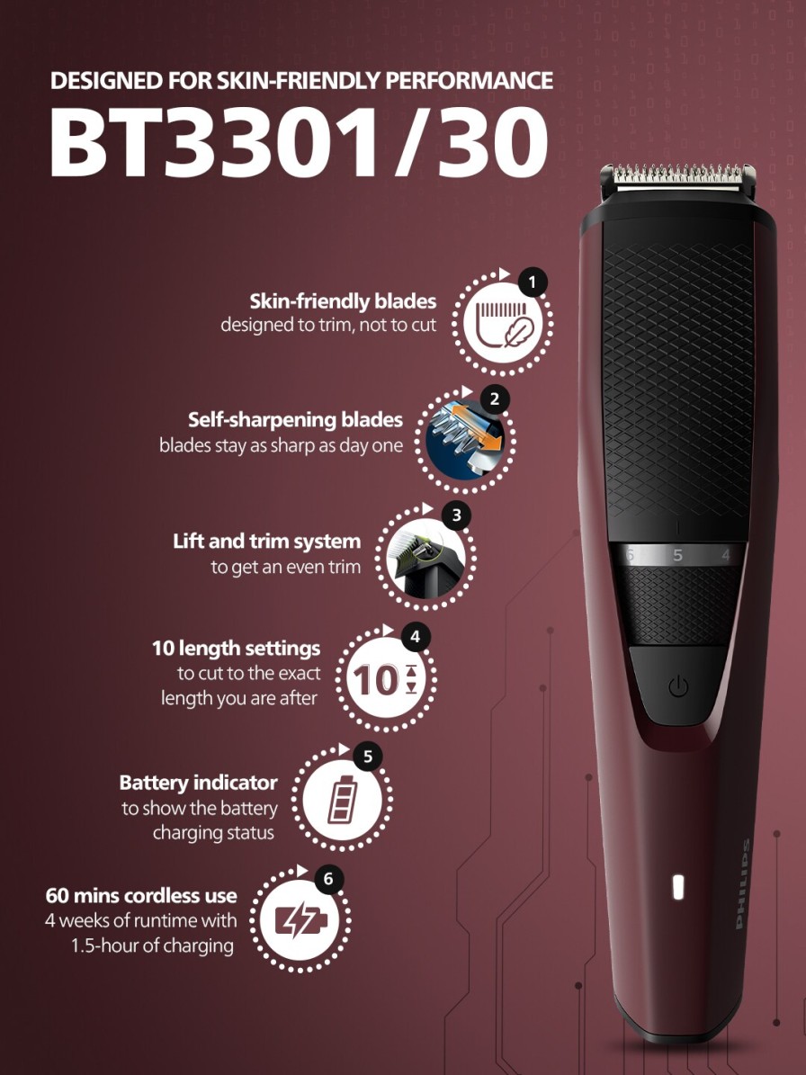 Men Philips Trimmers | Buy Philips Bt3301/30 Series 3000 Beard Trimmer With Lift & Trim Technology Maroon - Personal Care For Men