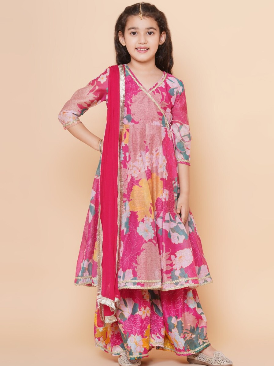 Kids Bitiya by Bhama Kurta Sets | Buy Bitiya By Bhama Girls Pink Floral Printed Angrakha Gotta Patti Kurta With Sharara & With Dupatta - Apparel For Girls