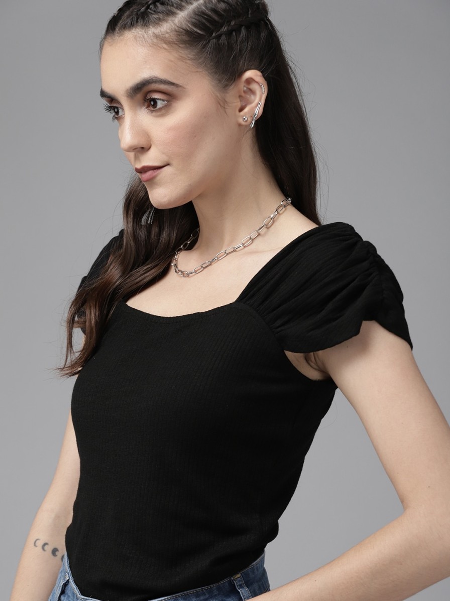 Women Roadster Tops | Buy Roadster Women Black Ribbed Ruched Top - Apparel For Women