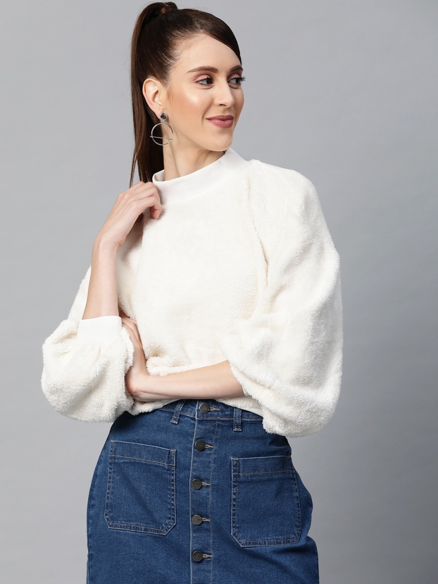 Women SASSAFRAS Sweaters & Sweatshirts | Buy Sassafras Women Off White Puff Sleeve Faux Fur Solid Sweatshirt - Apparel For Women