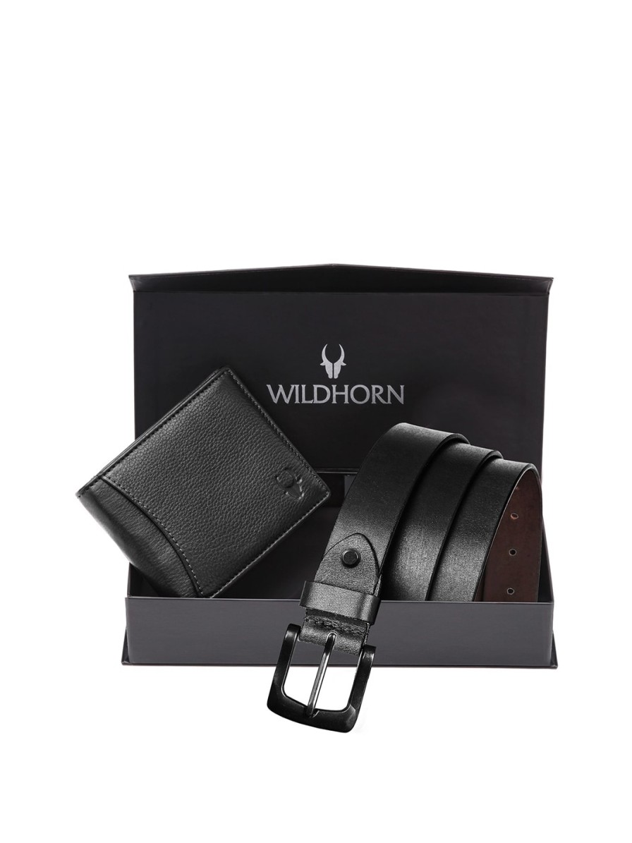 Men WildHorn Accessory Gift Sets | Buy Wildhorn Men Black Textured Pure Genuine Leather Accessory Gift Set - Accessories For Men