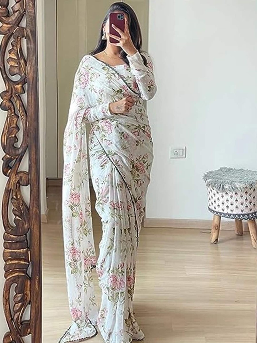 Women Satrani Sarees | Buy Satrani Off White Floral Printed Ready To Wear Poly Chiffon Saree - Apparel For Women