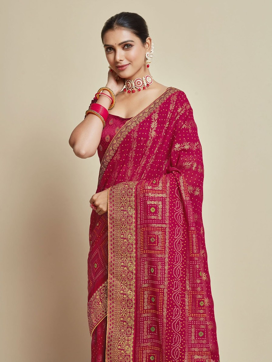 Women Sangria Sarees | Buy Sangria Pink Woven Design Zari Detail Poly Georgette Bandhani Saree - Apparel For Women