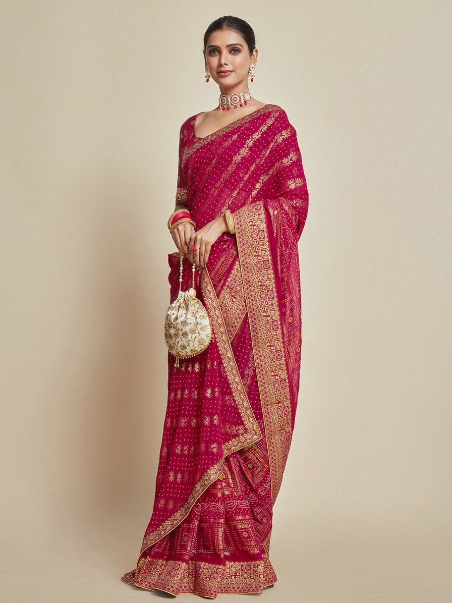 Women Sangria Sarees | Buy Sangria Pink Woven Design Zari Detail Poly Georgette Bandhani Saree - Apparel For Women