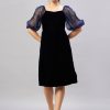 Women Antheaa Dresses | Buy Antheaa Blue Square Neck Embellished Puff Sleeve Velvet A Line Dress - Apparel For Women