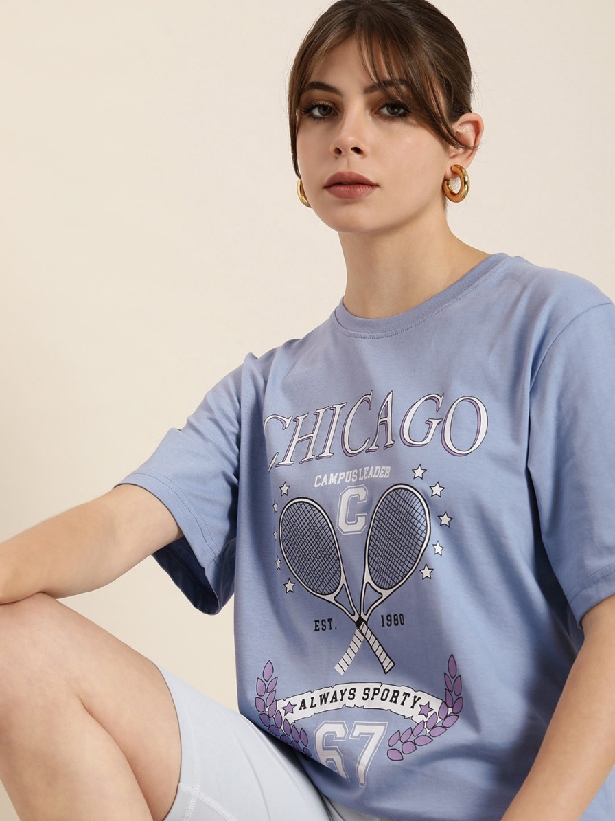 Women DILLINGER Tshirts | Buy Dillinger Women Blue Printed Pure Cotton Loose Graphic Oversized T Shirt - Apparel For Women