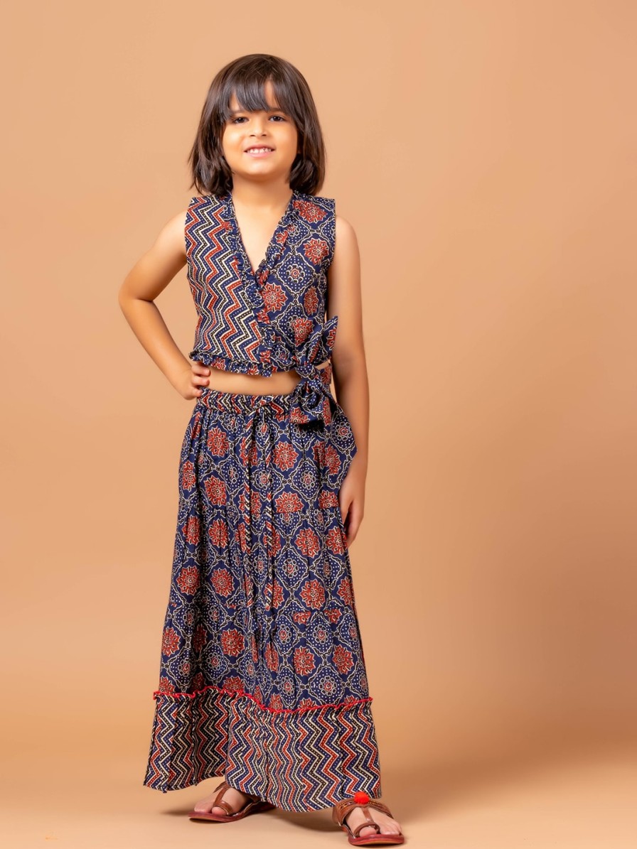 Kids Sangria Lehenga Choli | Buy Sangria Girls Blue Garima Ajrakh Printed Pure Cotton Lehenga Choli - Apparel For Girls