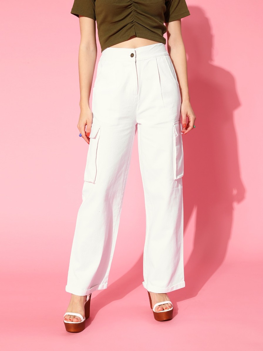 Women SASSAFRAS Trousers & Capris | Buy Sassafras Women Classic White Solid Y2K Cargo Trousers - Apparel For Women