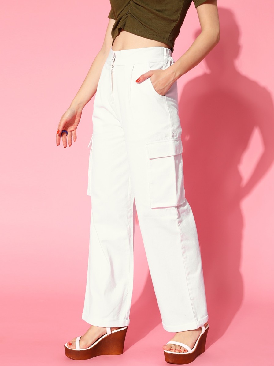 Women SASSAFRAS Trousers & Capris | Buy Sassafras Women Classic White Solid Y2K Cargo Trousers - Apparel For Women